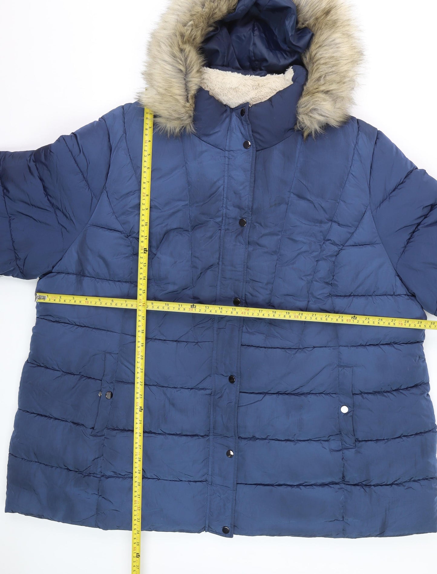 Yours Women Blue Faux Fur Hooded Long Puffer Coat Size 30-32
