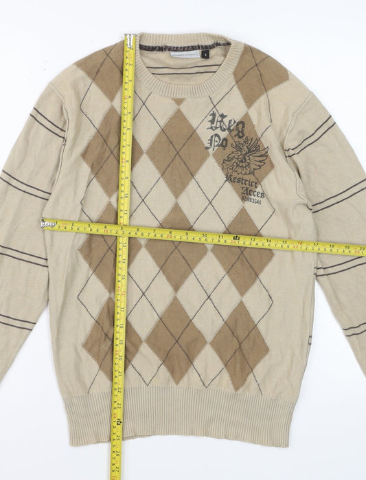 Angelo Litrico Men's Beige Argyle Crew Neck Cotton Jumper Size S