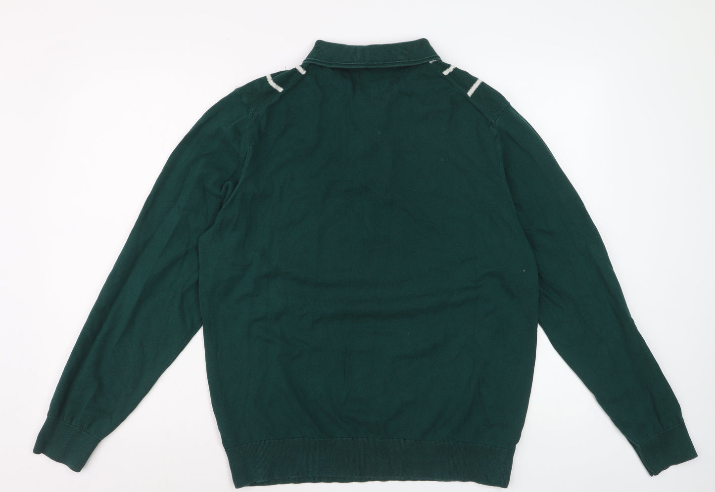 Marks and Spencer Men's Green Striped Cotton Half Zip Jumper Size L