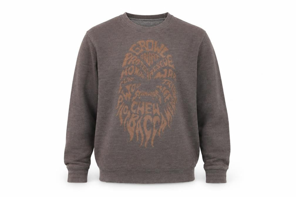 Front view of Star Wars Men's Brown Chewbacca Crew Neck Sweatshirt, size L