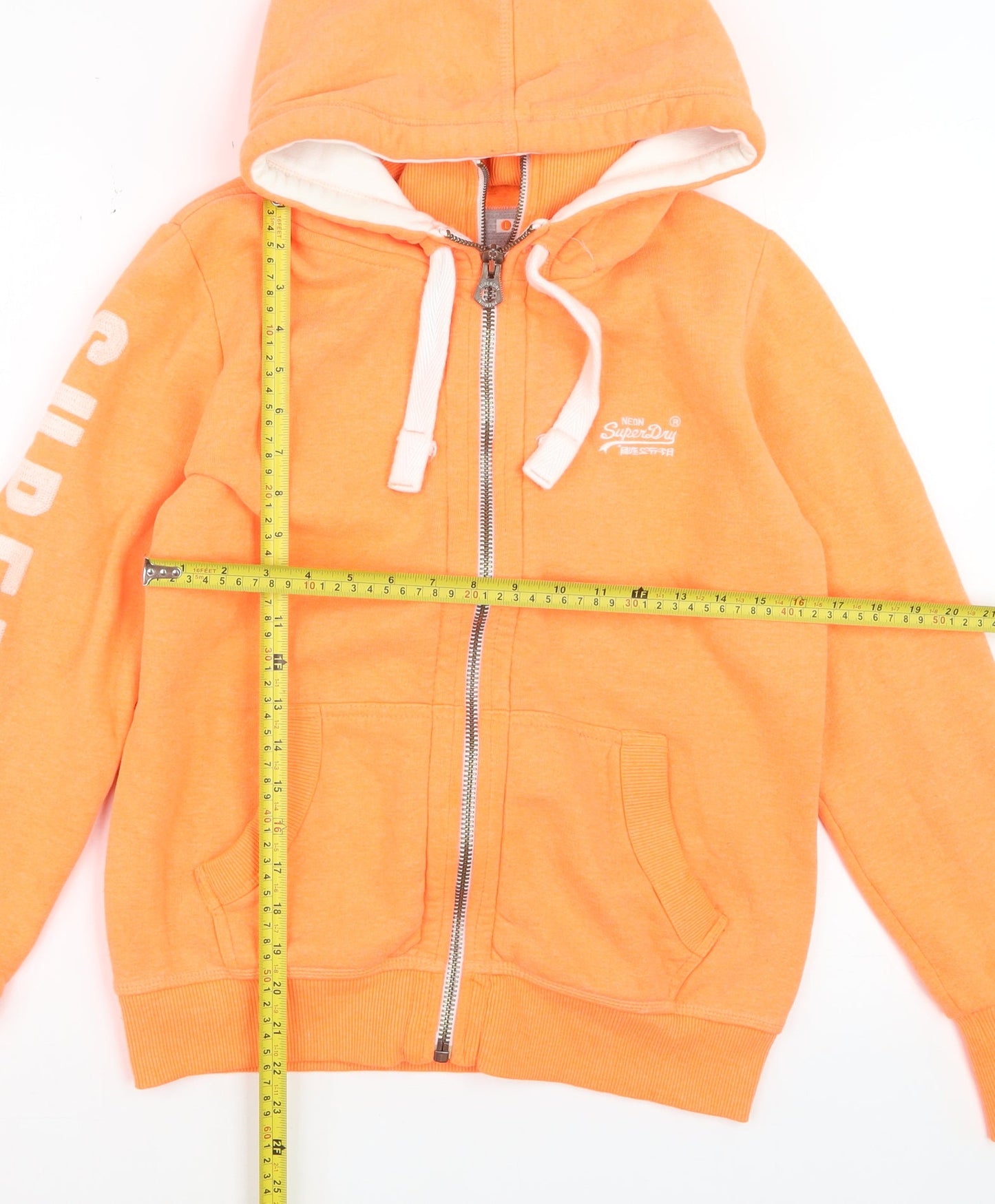 Superdry Men Orange Full Zip Hoodie L Logo Fleece Sweatshirt