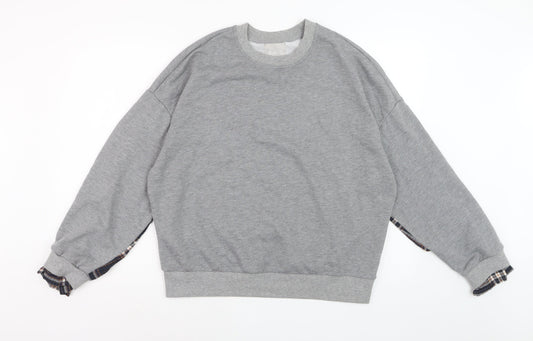 BWG Women Grey Plaid Sleeve Pullover Sweatshirt L Casual Style