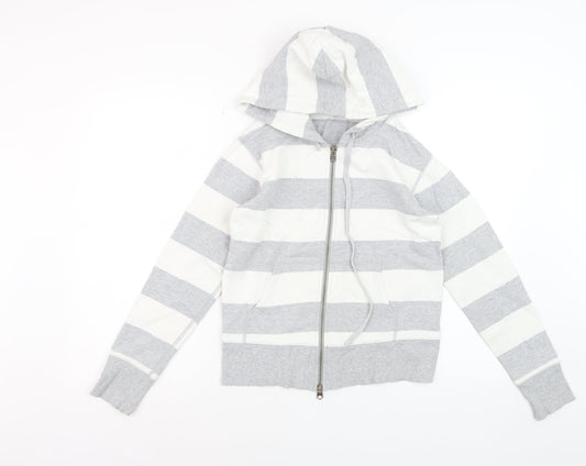 GAP Women Grey White Striped Full Zip Hoodie Cotton Medium