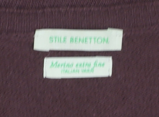 Benetton Women Brown Wool V-Neck Cardigan M Long Sleeve
