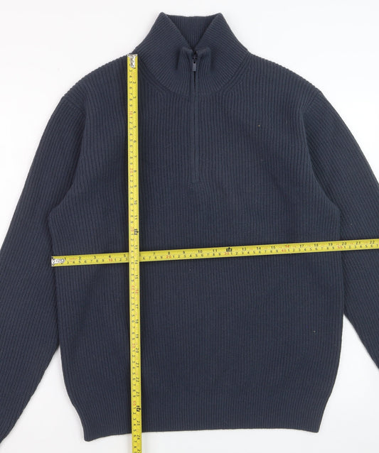 Uniqlo Men's Blue M 1/4 Zip High Neck Rib-Knit Jumper