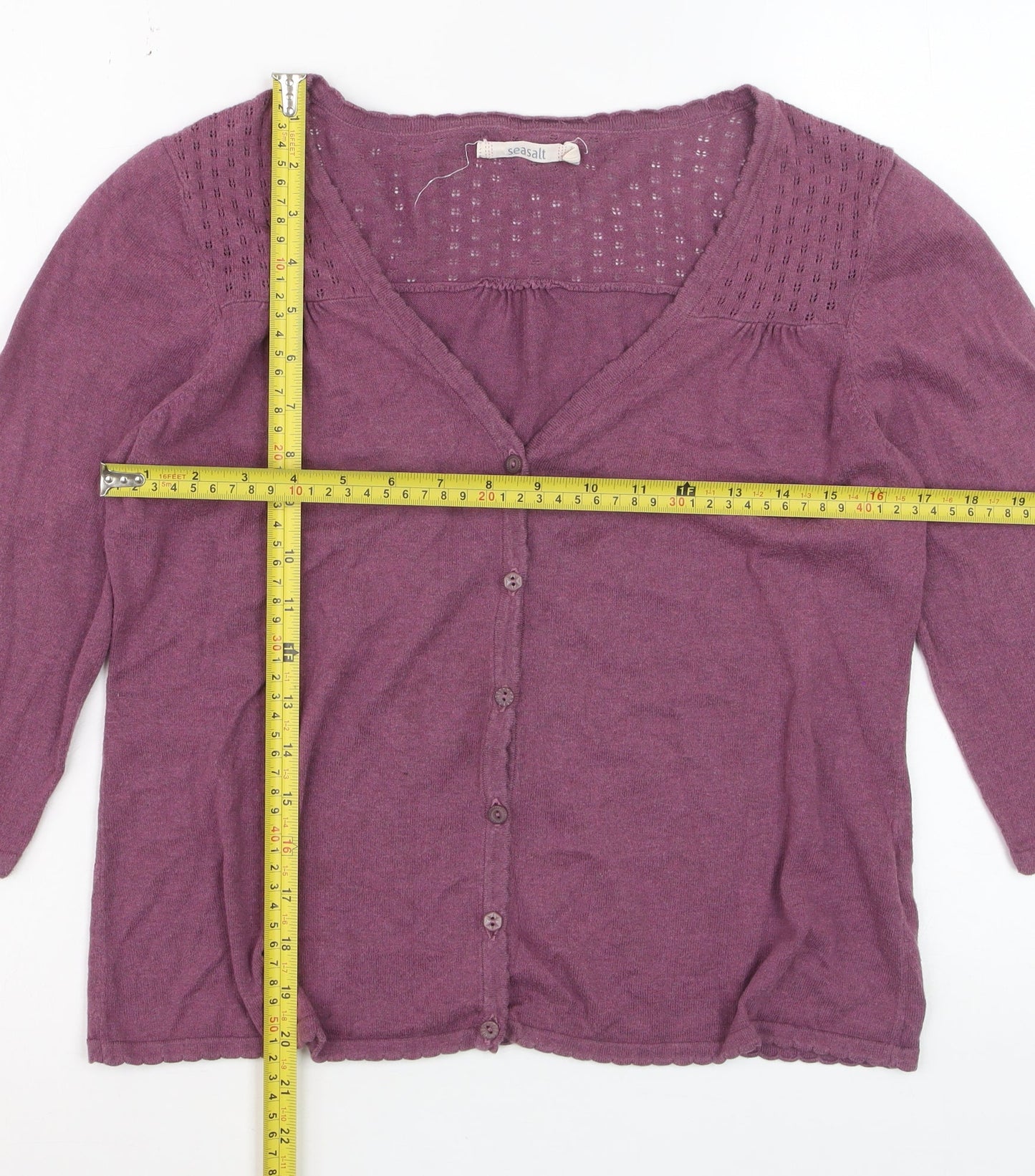 Seasalt Women Purple Cotton V-Neck 3/4 Sleeve Cardigan Size 10