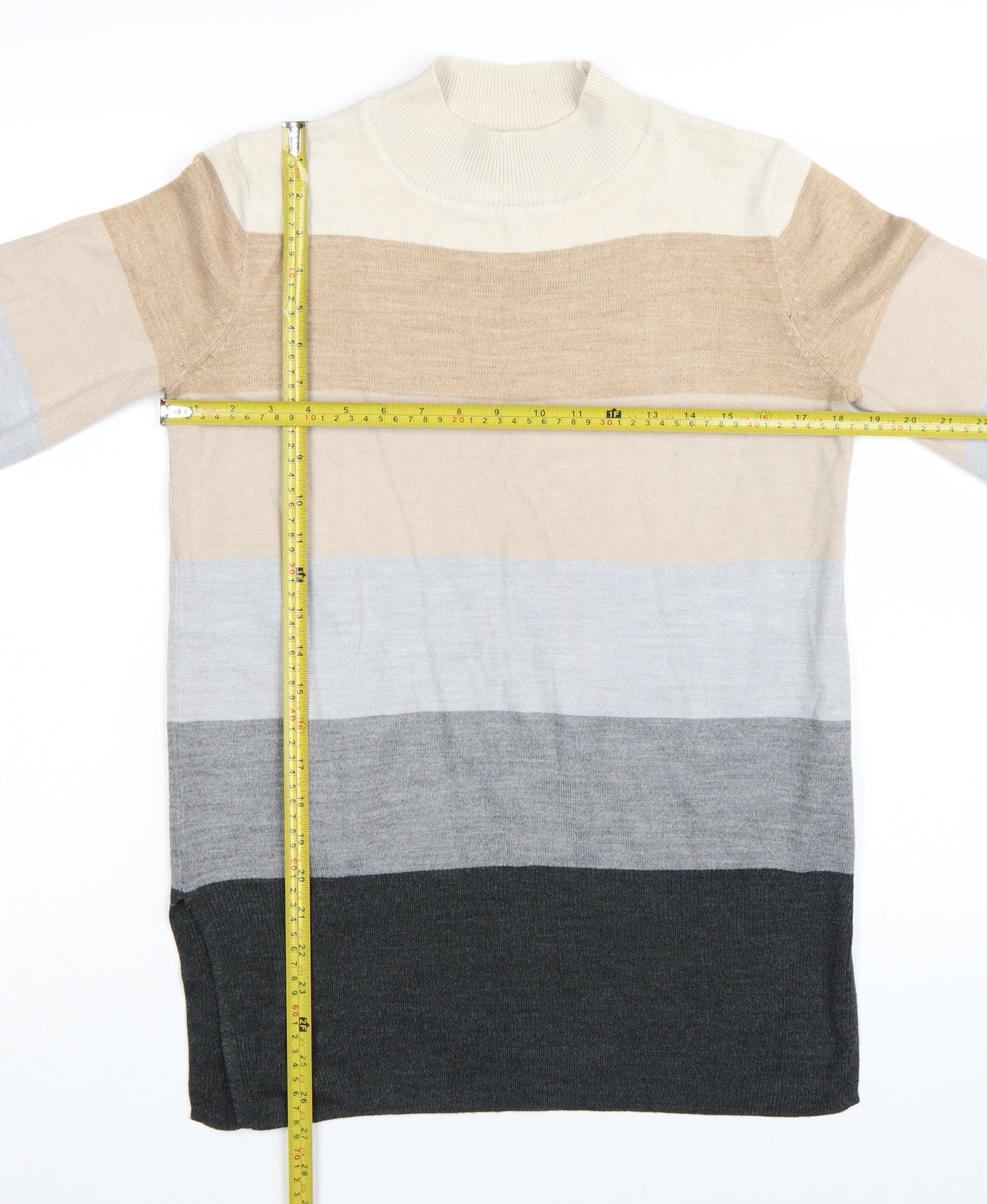 Marks and Spencer Womens Beige Grey Stripe Mock Neck Jumper Size S