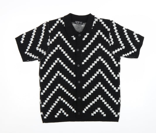 boohooMAN Men's Black White Knit Short Sleeve Cardigan S Retro Style