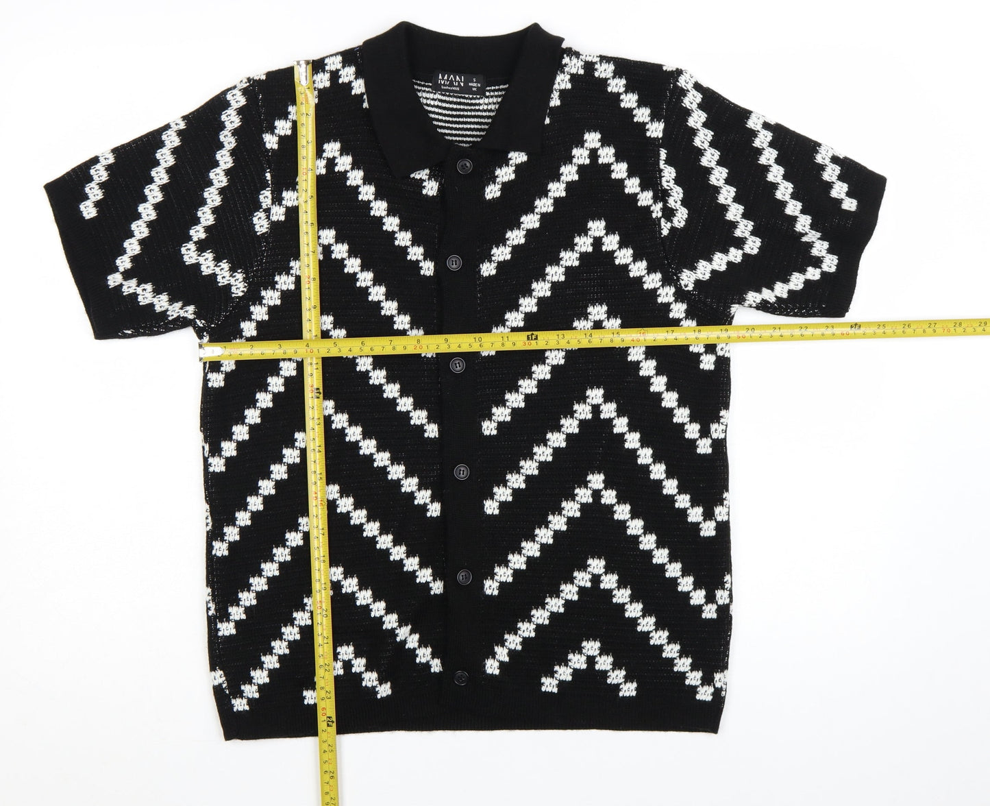 boohooMAN Men's Black White Knit Short Sleeve Cardigan S Retro Style