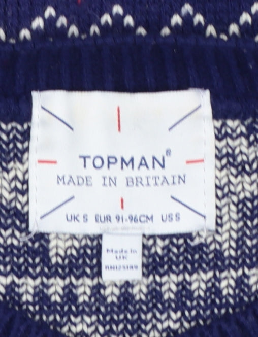 Topman Men's Blue Fair Isle Wool Jumper Size S Winter Knitwear