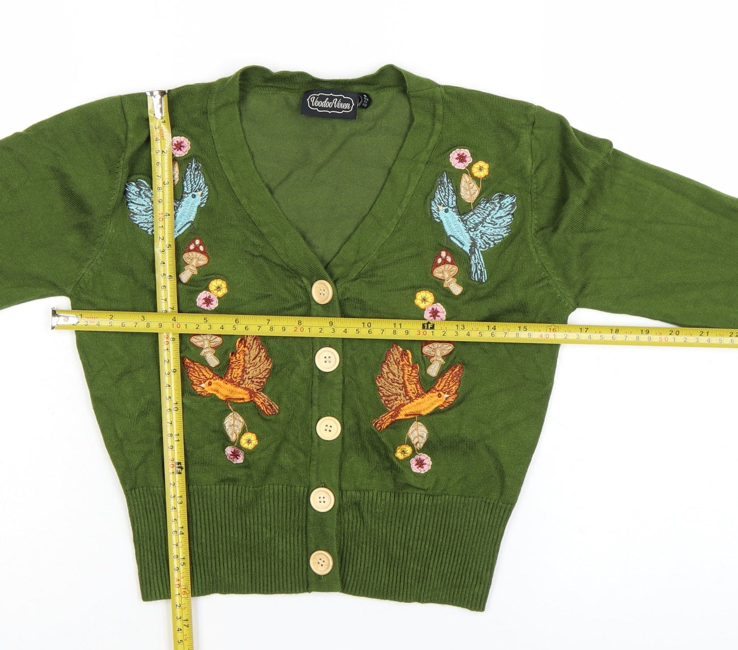 Voodoo Vixen Womens Green Embroidered Bird Button Cardigan Size 10