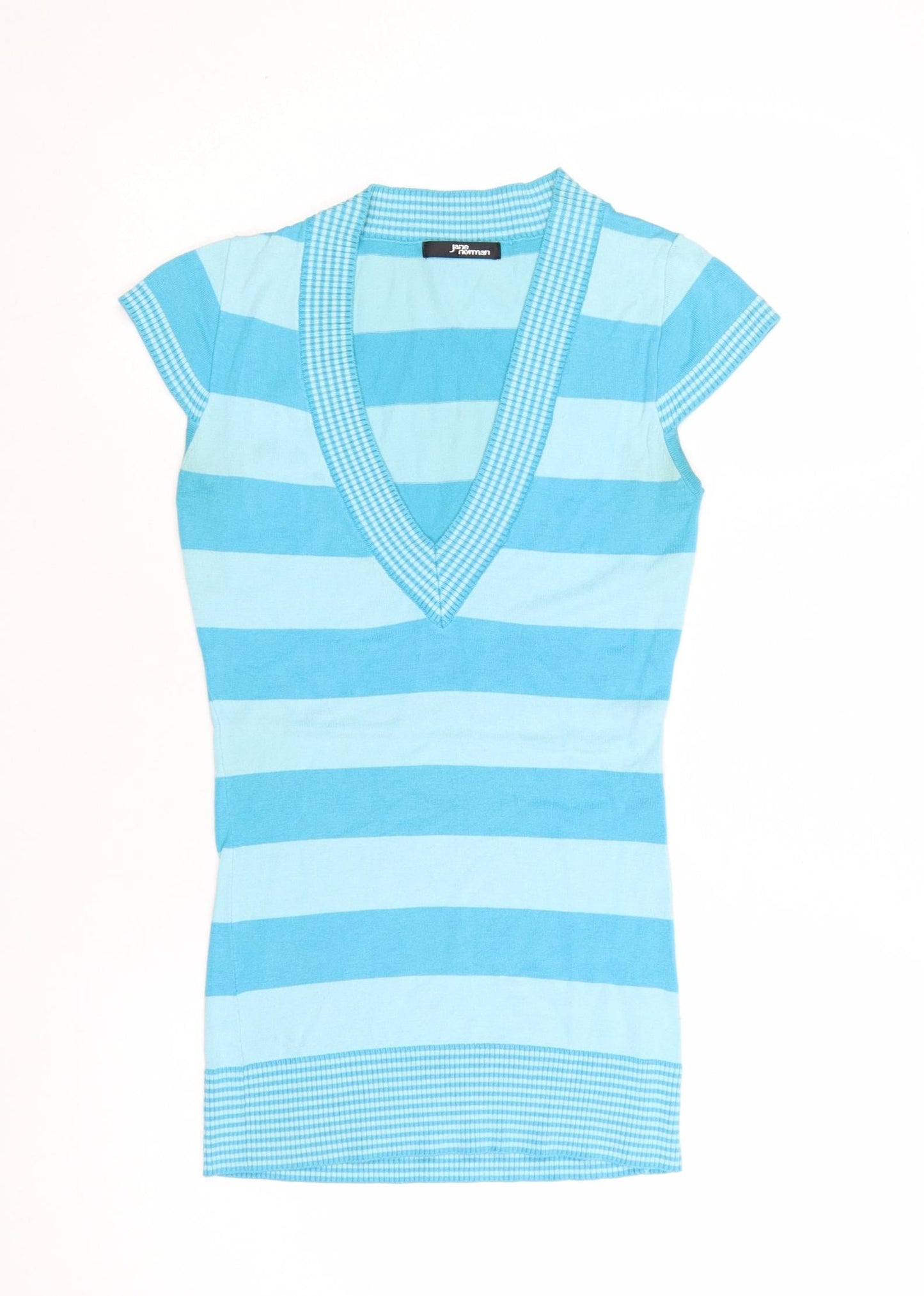 Jane Norman Women Blue Striped V-Neck Short Sleeve Pullover Jumper Size 10