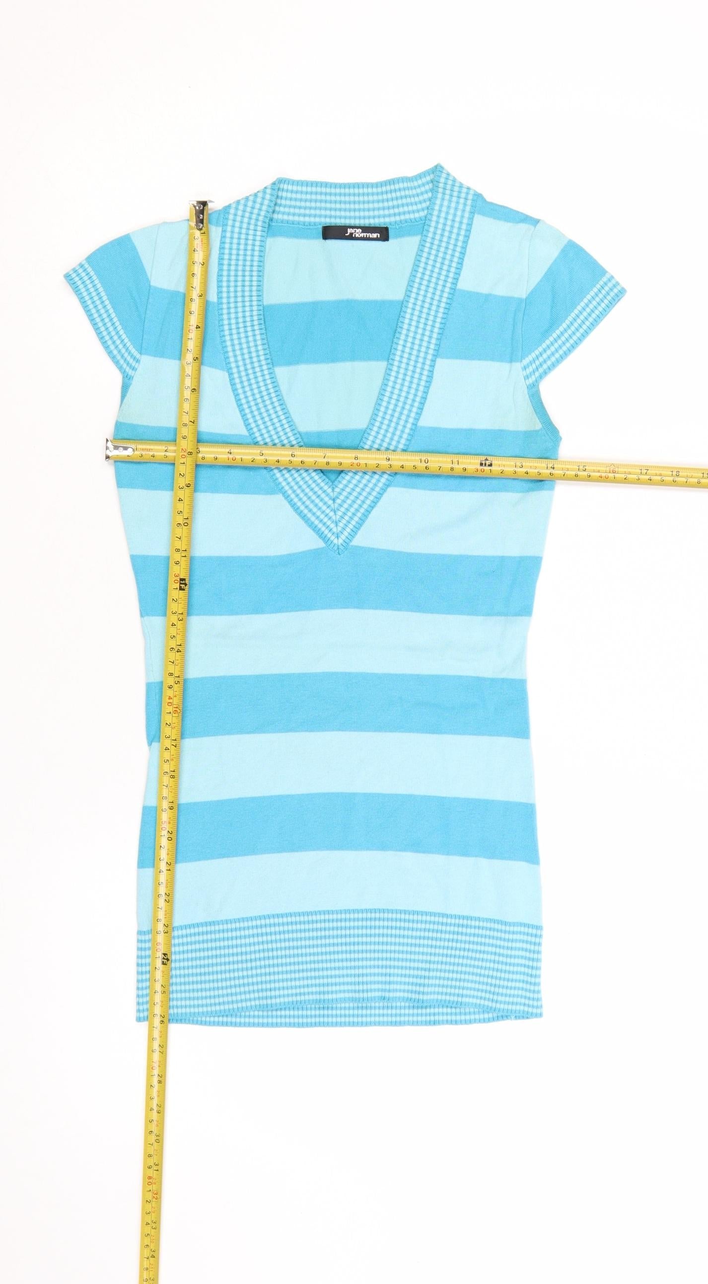 Jane Norman Women Blue Striped V-Neck Short Sleeve Pullover Jumper Size 10