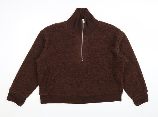 Marks and Spencer Women Brown 1/2 Zip Fleece Pullover Sweatshirt L