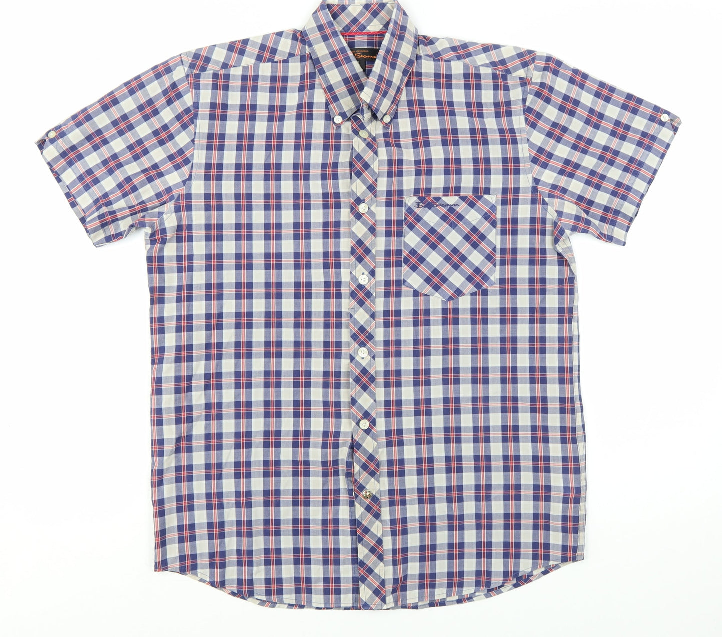 Ben Sherman Men's Blue Checked Short Sleeve Button-Up Shirt Size S