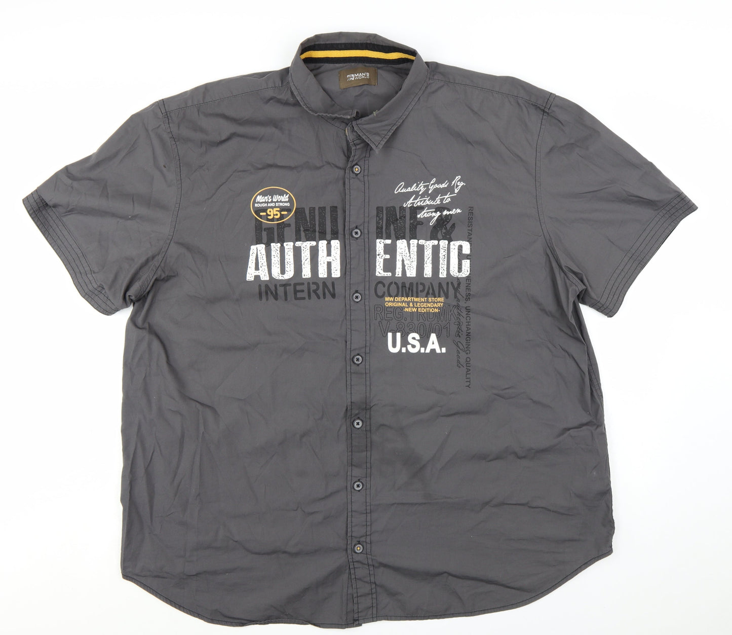 Man's World Men's Grey 4XL Short Sleeve Graphic Cotton Button-Up Shirt