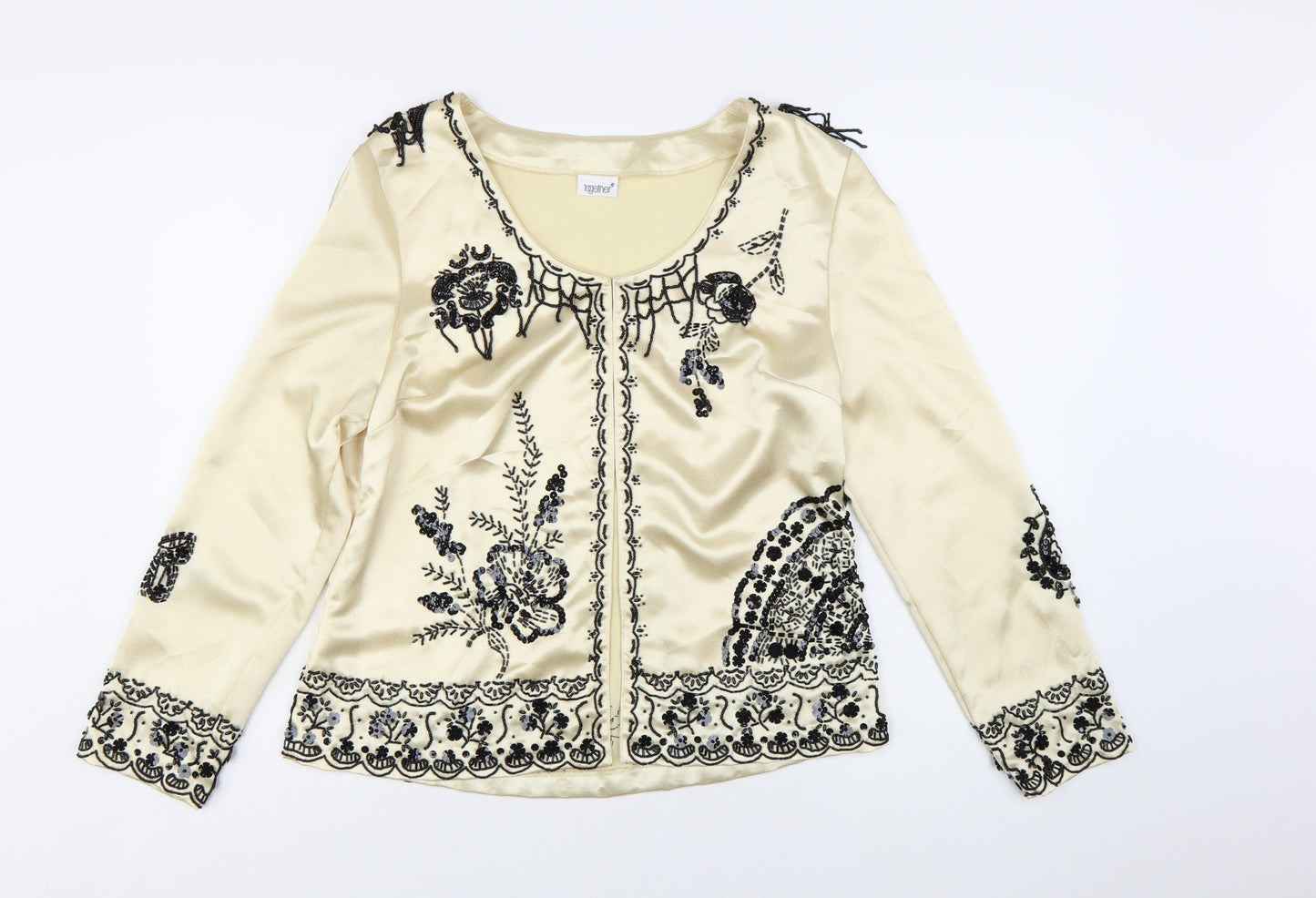 Together Women's Beige Beaded Embroidered Satin Blouse Size 14