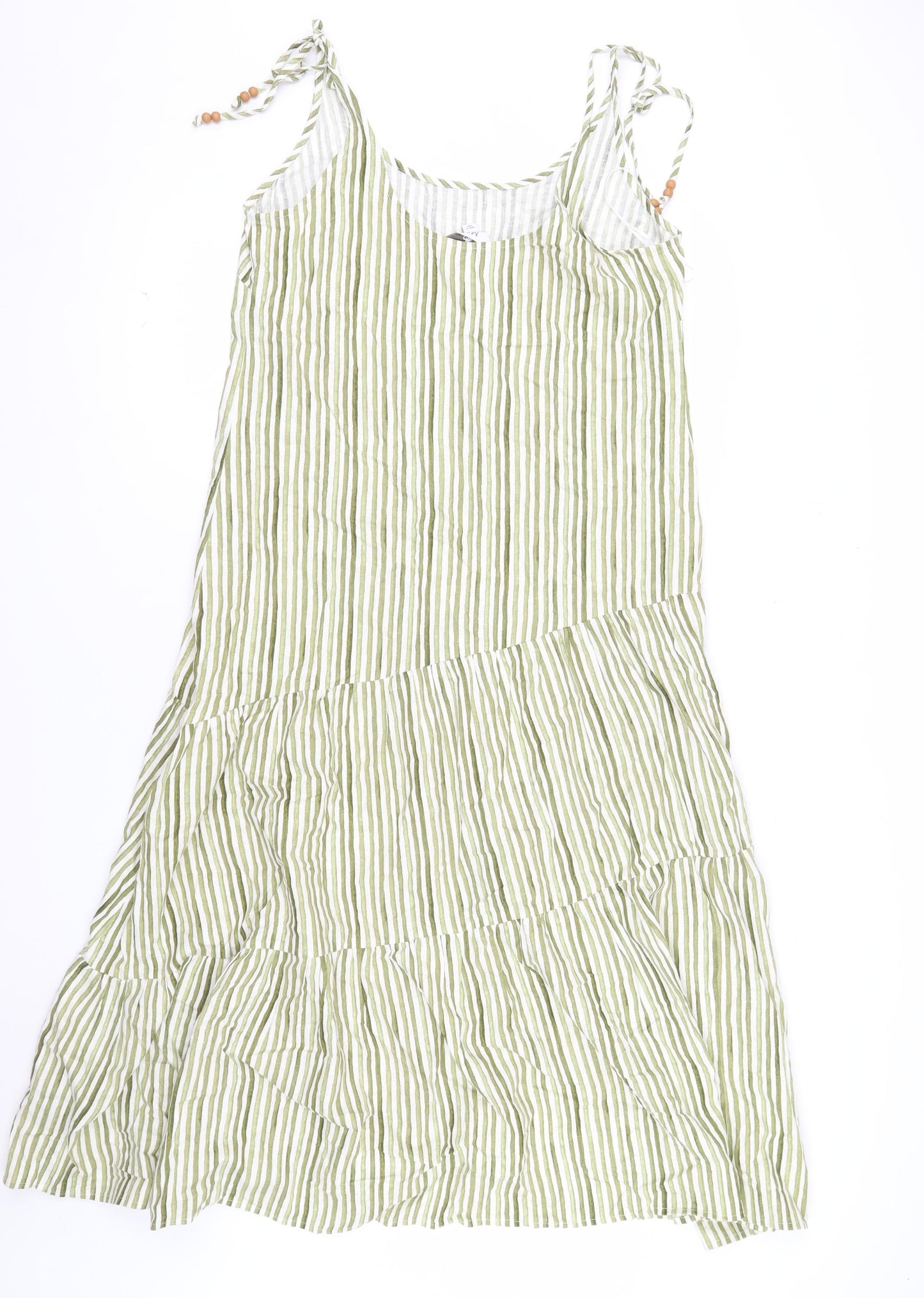 Marks and Spencer Womens Green Striped Linen Blend Midi A-Line Summer Dress Size 12