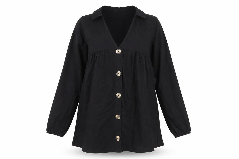 Front view of ASOS DESIGN Women’s Black Cotton Shirt Dress, size UK 8, Long Sleeve