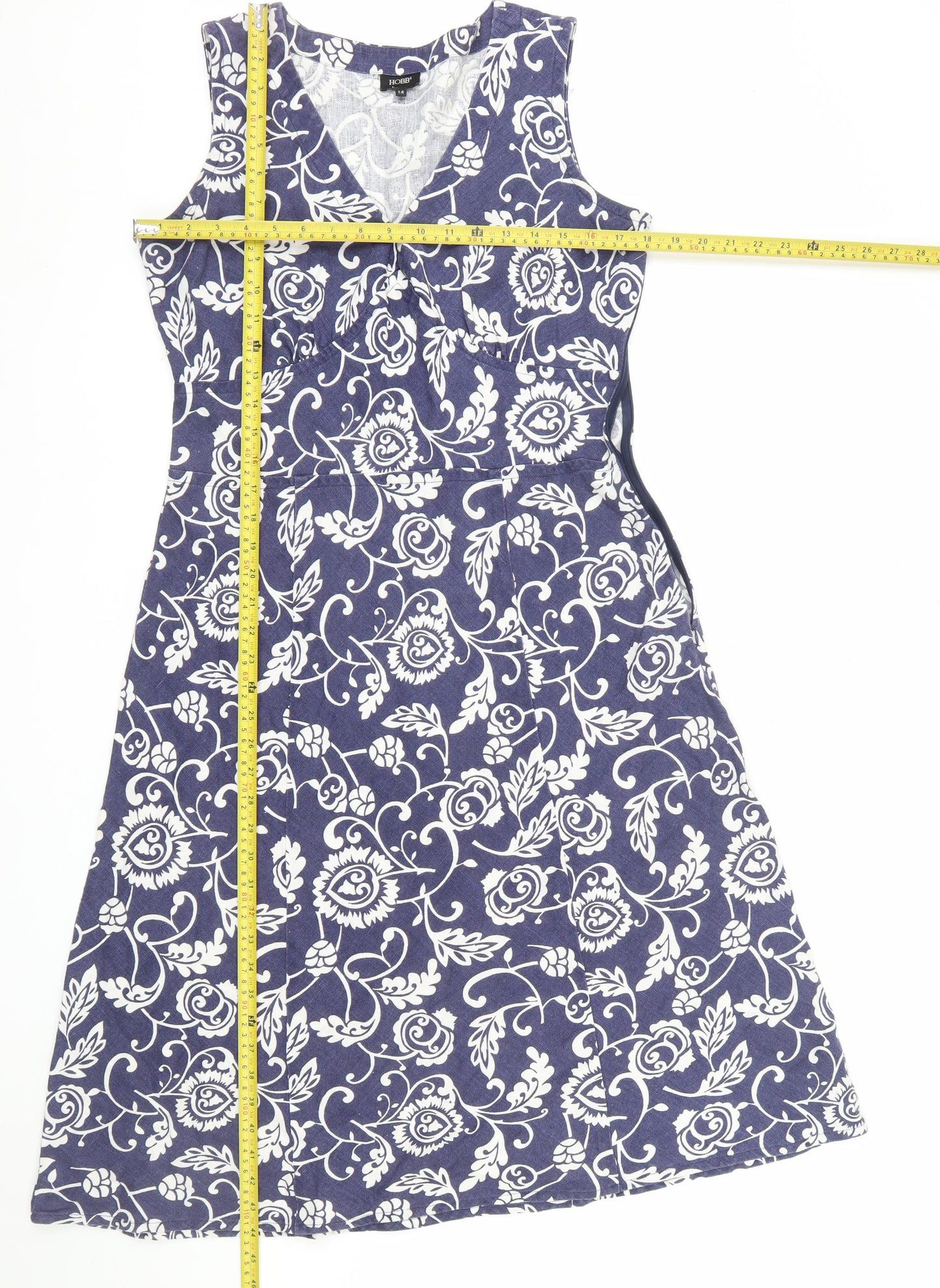 Hobbs Women Blue Floral Linen A-Line Knee Length Dress Size 14