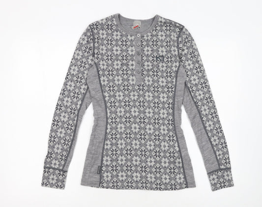 Kari Traa Womens Grey Fair Isle Wool Henley Sweatshirt M