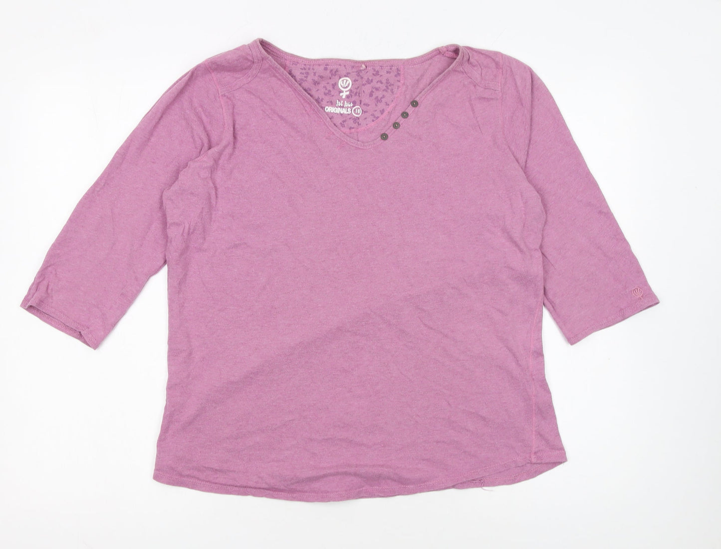 Fat Face Women Pink 3/4 Sleeve V-Neck Cotton T-Shirt Size 16