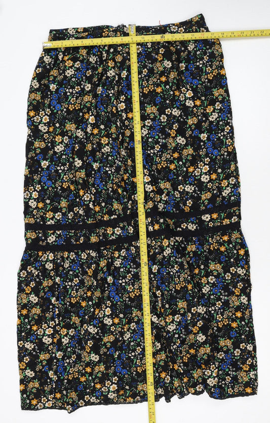 Superdry Womens Black Floral Midi Peasant Skirt Size 14 Viscose