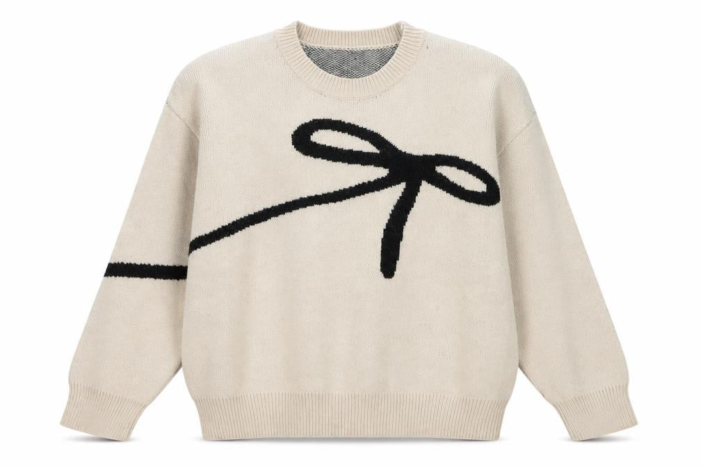 DAZY Women Beige Bow Knit Pullover Jumper L Crew Neck Acrylic Blend