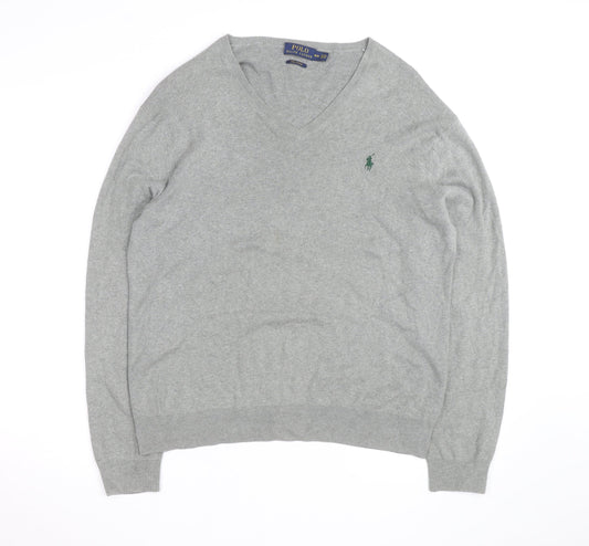 Ralph Lauren Men's Grey V-Neck Cotton Jumper Size M