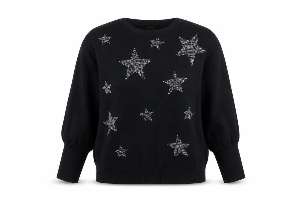 QED London Womens Black L Jumper Star Embellished Batwing Knit Top