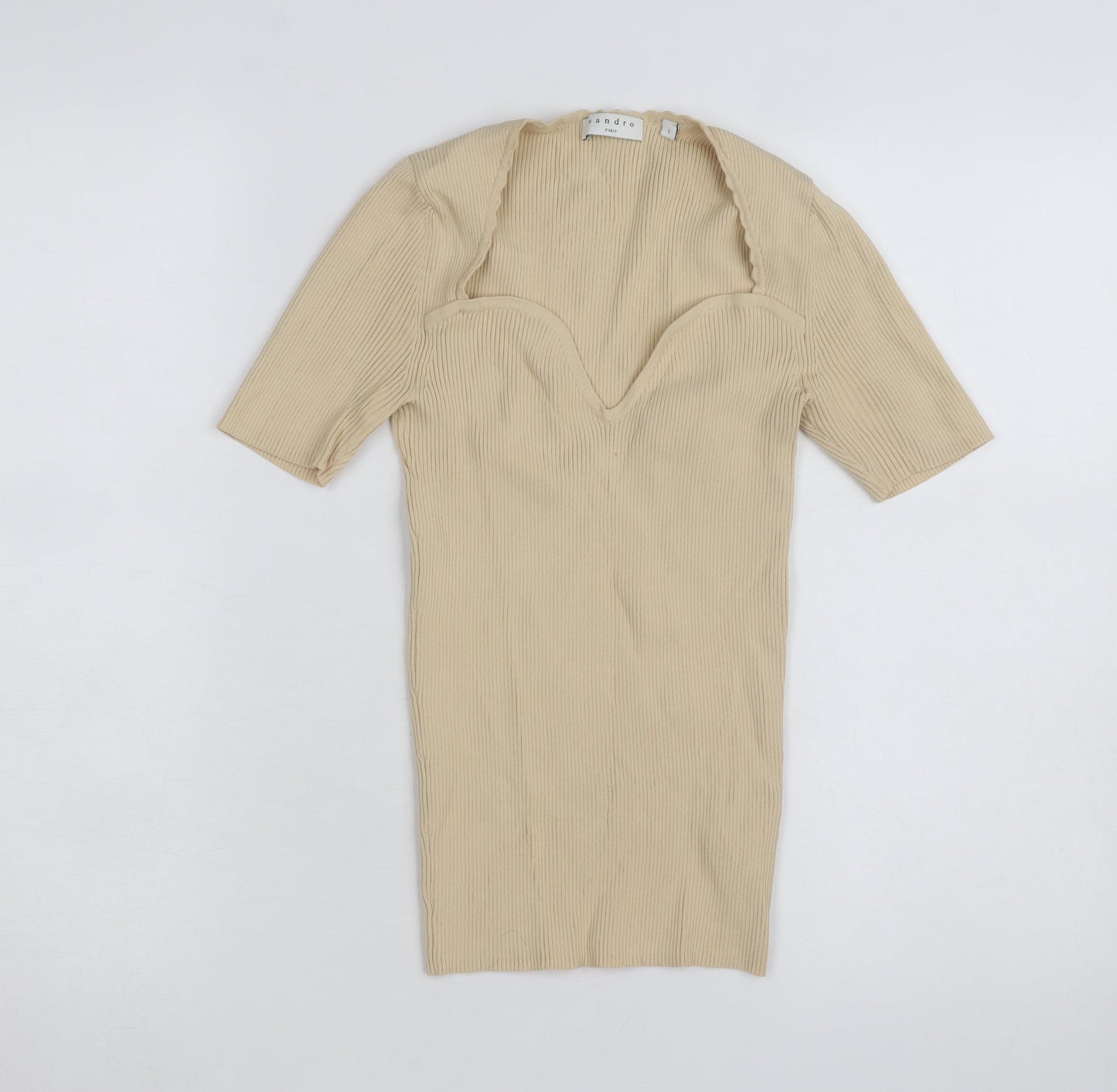 Sandro Paris Beige Rib Knit Sweetheart Neck Short Sleeve Women's Top Size 1