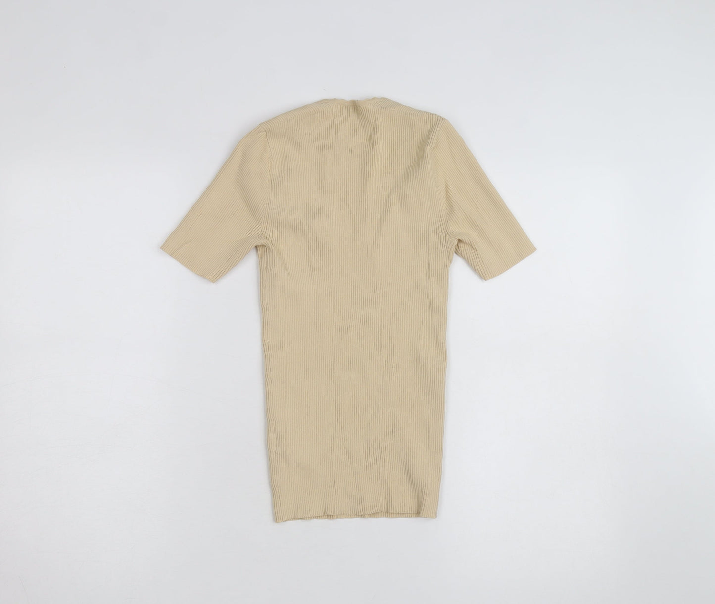 Sandro Paris Beige Rib Knit Sweetheart Neck Short Sleeve Women's Top Size 1
