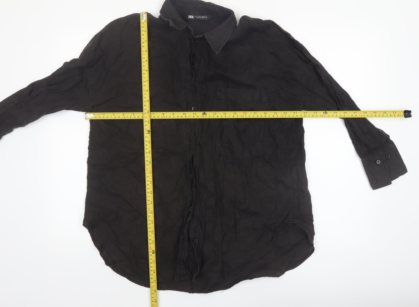 Zara Women Black Linen Long Sleeve Button-Up Shirt Size 10