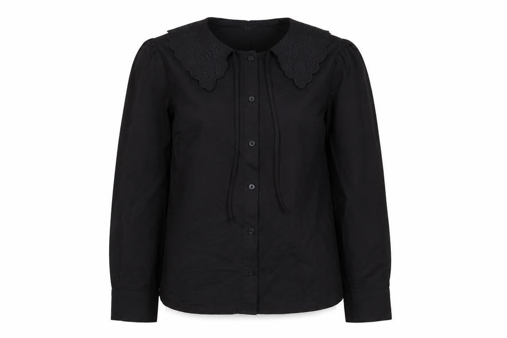 H&M Divided Women’s Black Cotton Embroidered Collar Long Sleeve Blouse XS