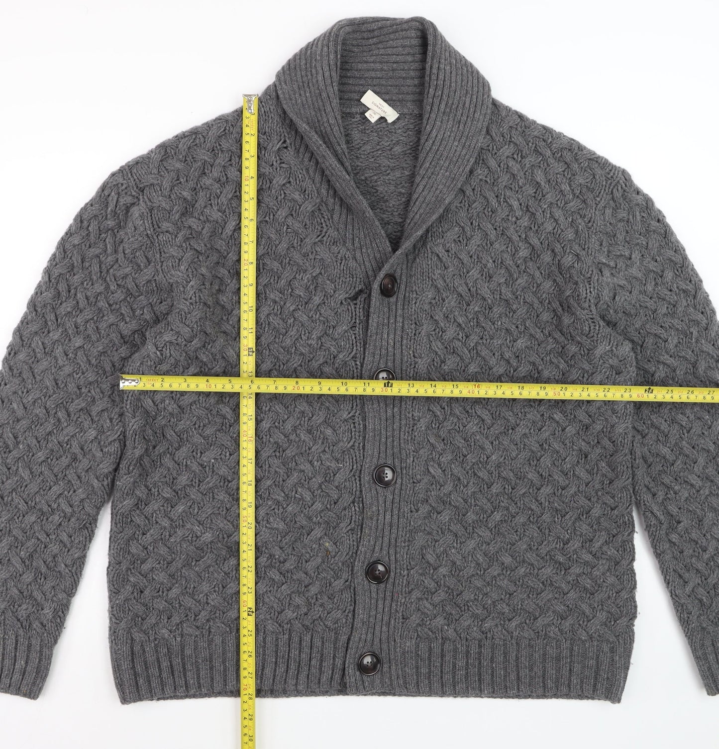 Next Men's Grey Lambswool Cable-Knit Shawl Collar Cardigan XL