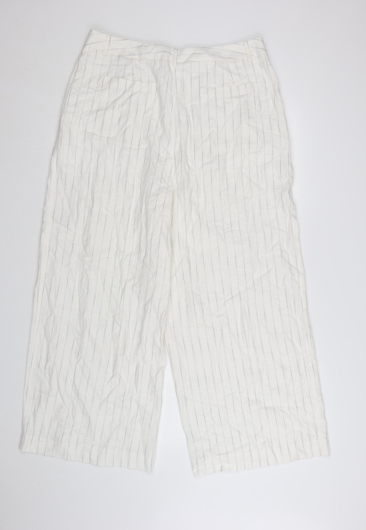 Marks and Spencer Women’s White Striped Wide-Leg Linen Trousers Size 16