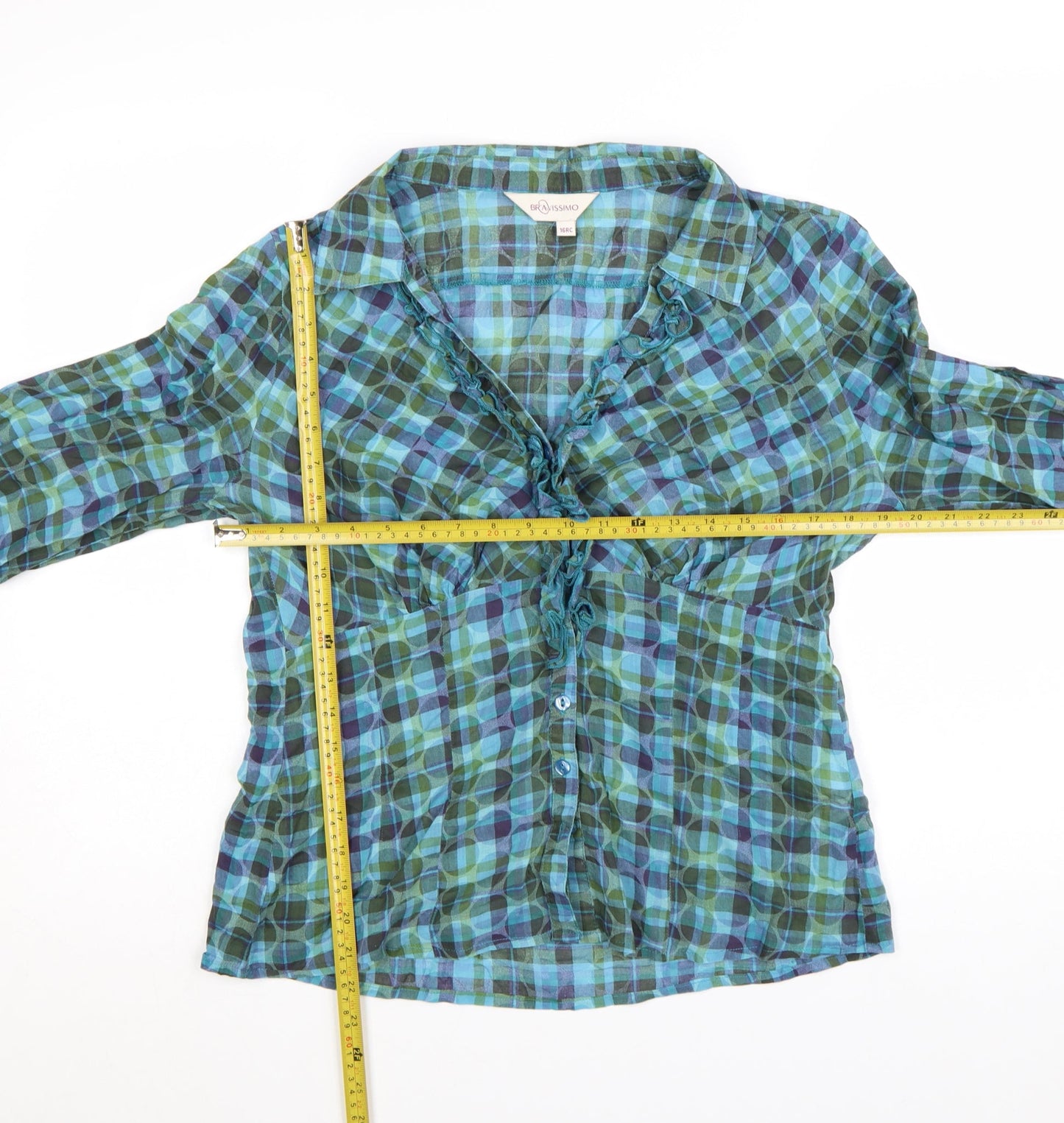 Bravissimo Women's Blue Check Cotton Ruffle Tunic Blouse Size 16