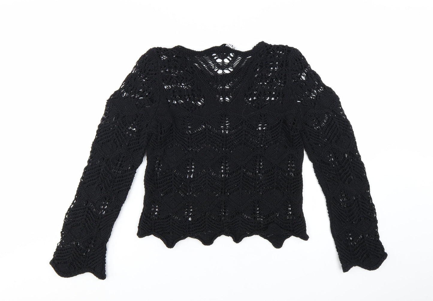 Zara Women Black Crochet Knit Long Sleeve V-Neck Jumper M