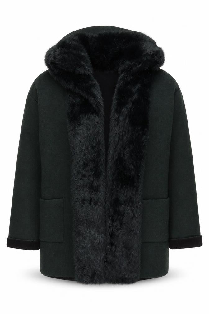 Front view of French Connection women’s green faux fur trim hooded cardigan l