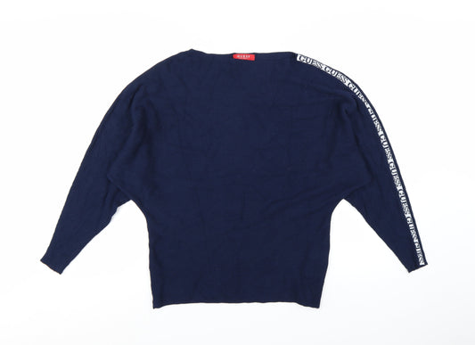 Guess Women's Blue Logo Sleeve Boat Neck Pullover Jumper Size M