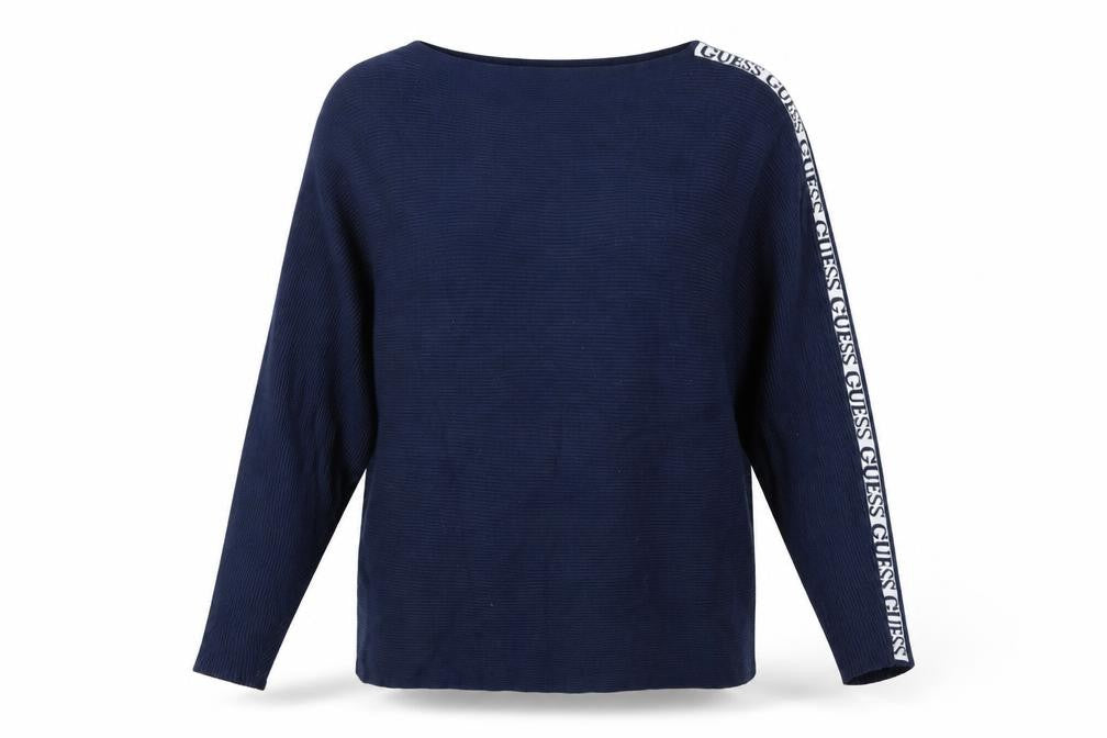 Front view of Guess Women's Blue Logo Sleeve Boat Neck jumper, size M