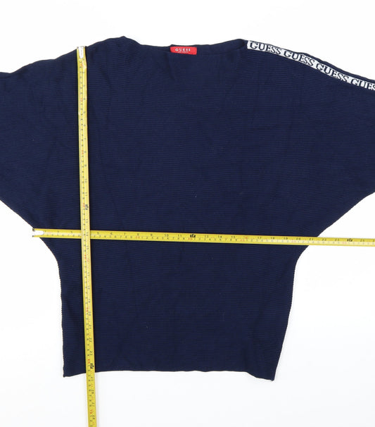 Guess Women's Blue Logo Sleeve Boat Neck Pullover Jumper Size M