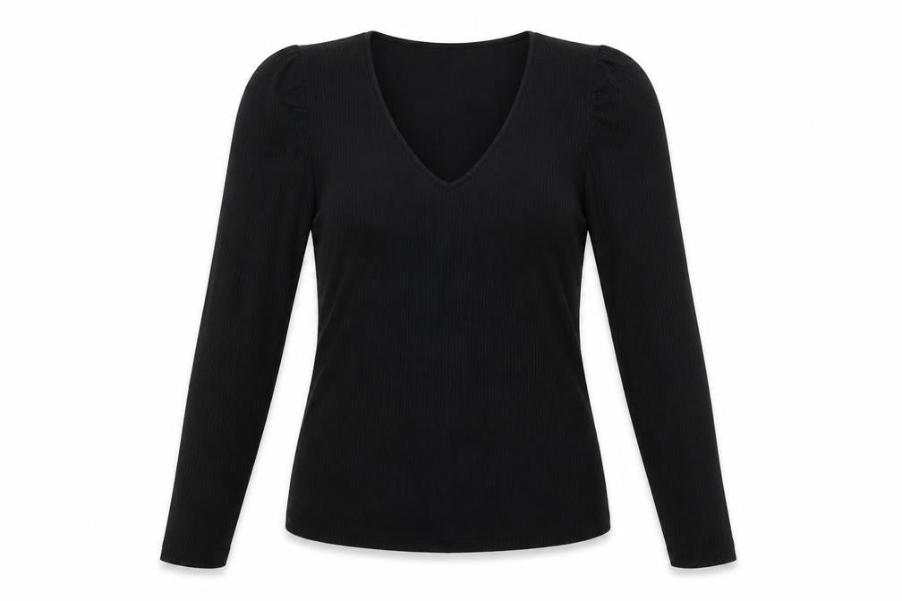 Mango Women Black V-Neck Slim Fit Long Sleeve Basic Top XS