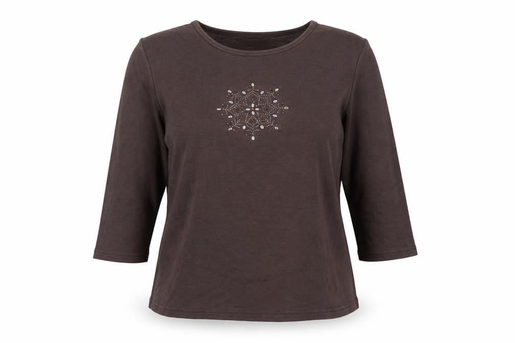 Front view of Casual Club Women’s Brown Beaded 3/4 Sleeve Cotton T-Shirt, size UK 16