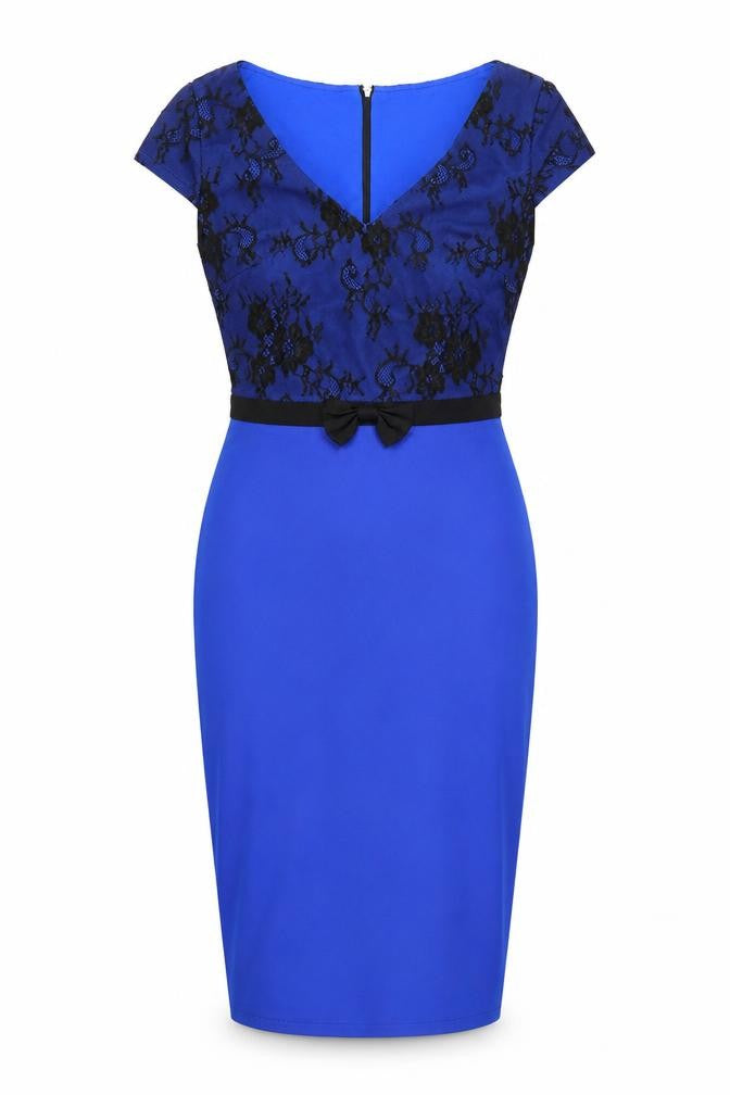 Paper Dolls Women Blue Lace Sheath Dress Size 8 Elegant V-Neck