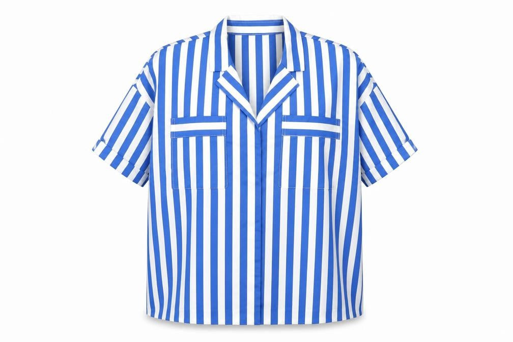 Y.A.S Womens Blue White Striped Collared Short Sleeve Button-Up Shirt Size 10