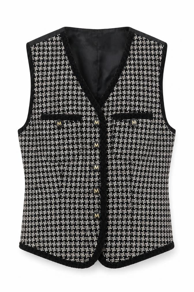 Mondi Collections Women's Black Tweed Sleeveless V-Neck Vest Size 6
