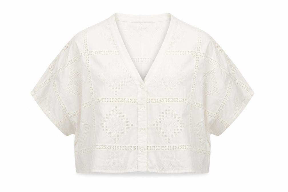 Marks & Spencer Women Ivory Cotton Cropped Lace Blouse Size 10