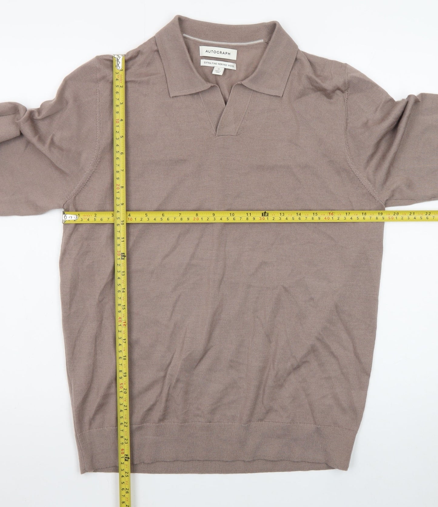 Marks and Spencer Autograph Men's Beige Merino Wool Long Sleeve Polo M
