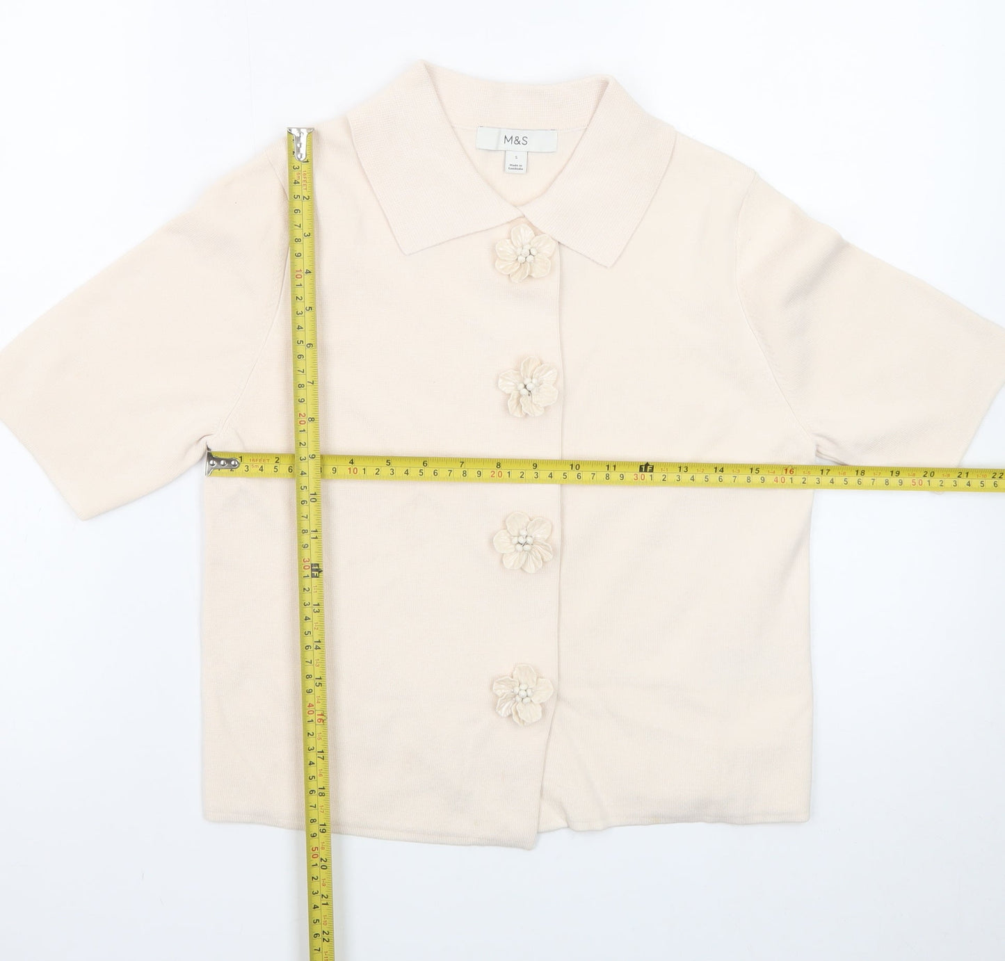 Marks and Spencer Women's Beige Collared Short Sleeve Cardigan Small